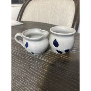 Williamsburg Pottery‎ Creamer Sugar Set / Cobalt Decorated Salt Glazed Stoneware